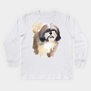 Shih Tzu Watercolor Painting - Dog Lover Gifts Kids Long Sleeve T-Shirt